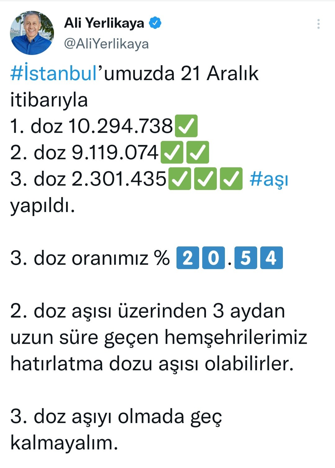 İstanbul Valisi Yerlikaya’dan 3’üncü doz aşı için çağrı